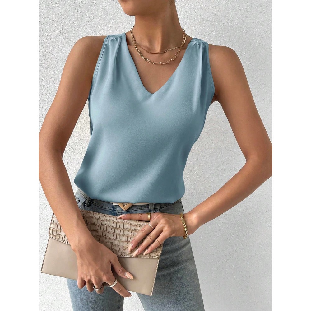 minimalist Solid V Neck Tank Top workwear office business casual cream - Picture 4 of 12